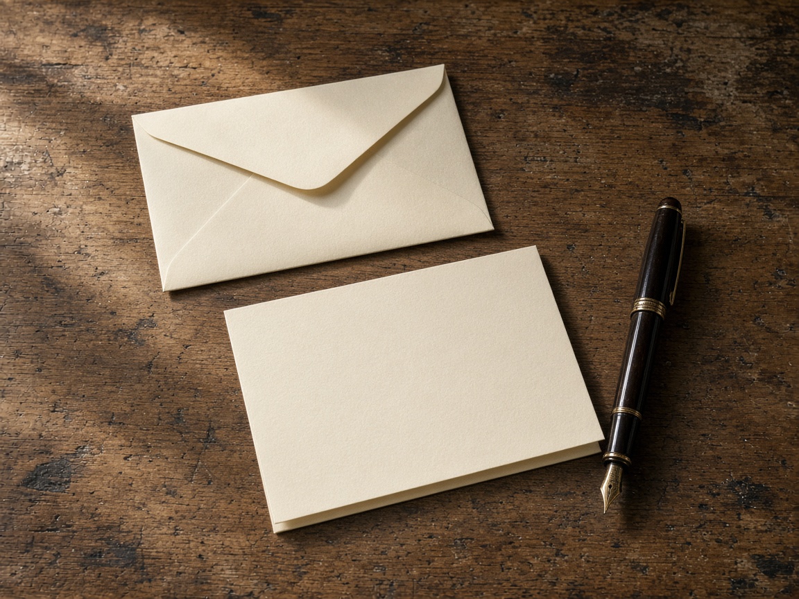 An envelope and a blank notecard on a wooden writing desk