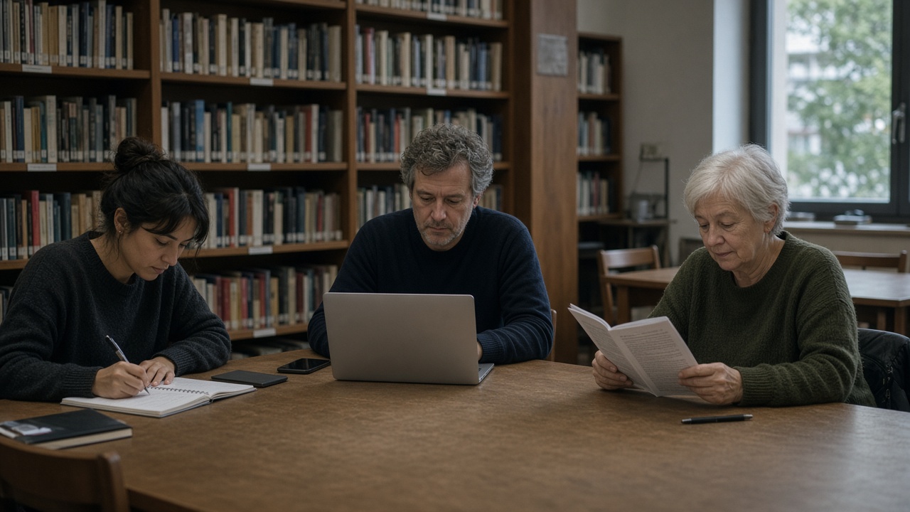 Three adults studying separately at a long library table